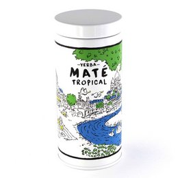 Organic tropical mate tea in a 100g tin box. Green tea leaves with tropical fruits and herbs.