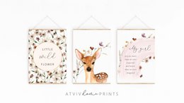 Deer poster, deer print, cute deer print, woodland animals nursery print, floral nursery print, wildflowers print, girls nursery poster, girls room poster