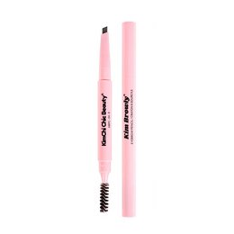 A pink, retractable eyebrow pencil for defining and shaping eyebrows. The pencil has a spoolie brush on the other end for blending and grooming.