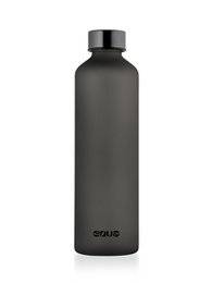 Sleek, matte gray glass bottle for travel. Durable, reusable design.