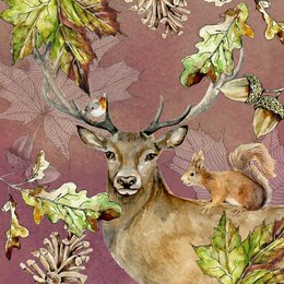 A deer with antlers surrounded by autumn leaves and a squirrel on a brown background.