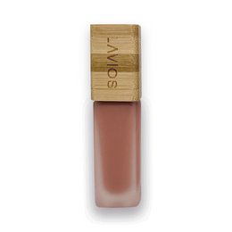 Matte lipstick in a nude pink shade with a wooden applicator.