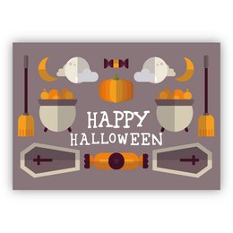 A Halloween greeting card with a beige background, featuring various Halloween-themed elements such as a coffin, cauldron, pumpkin, clouds, bats, and the text "Happy Halloween". The card appears to be suitable for sending as a Halloween greeting.