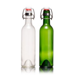  Glass bottle carafe clear green swing top closure tall cylindrical shape beverage storage