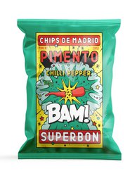 Crunchy, savory chili-flavored potato chips in a vibrant green bag with bold graphics. The chips have an irregular, irregular shape and a bright orange color.