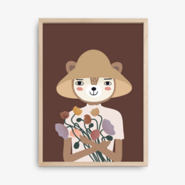 A poster featuring a stylized illustration of a white goose with a gray head and black and white striped body against a light pink background.