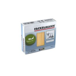 Box of 400 wooden toothpicks in a white and green box labeled "Fackelmann Wood Edition". The toothpicks are made of natural wood and are suitable for everyday use.