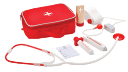 A red medical kit containing various medical tools and accessories, including a stethoscope, thermometer, bandages, and other medical supplies. This kit is suitable for use in science-related activities or as a toy doctor's kit.