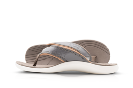 Pewter-colored leather flip flops with a comfortable, contoured footbed and flexible, durable sole.