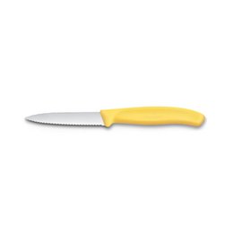 Yellow-handled serrated peeling knife, 8cm blade, for chopping and peeling tasks.