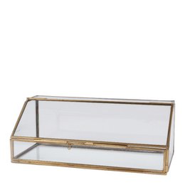 Gold brass rectangular display box with glass top, 30x12 cm, jewelry storage case