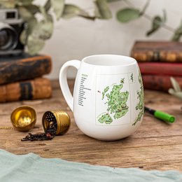 White ceramic mug with green UK explorer graphic and measurement markings.