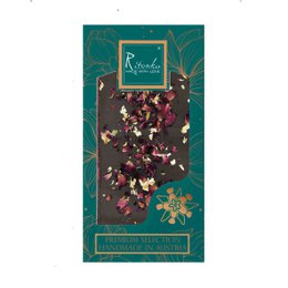 Premium dark chocolate bar with gold and rose colored flecks, handmade in Austria.
