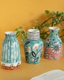 Three mini vases, turquoise striped floral botanical patterns, ceramic, colorful garden palette design.