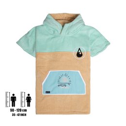  Soft, cozy kids' bathrobe in mint green and beige with a sun graphic design. Made of comfortable cotton velour material.