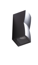 Sleek, modern outdoor lighting fixture in a black and silver color scheme. Features a curved, angular design for a unique aesthetic. Suitable for illuminating outdoor spaces like patios, decks, or entryways.