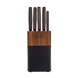 SOSL, Set de 5 Pièces, Ensemble Couteaux de Cuisine, Set Acier Inoxydable, Titane, avec Bloc en Bois d'Acacia, Couteaux de Chef, Pain, Écumoire,Viande, Poisson, Lame Noire