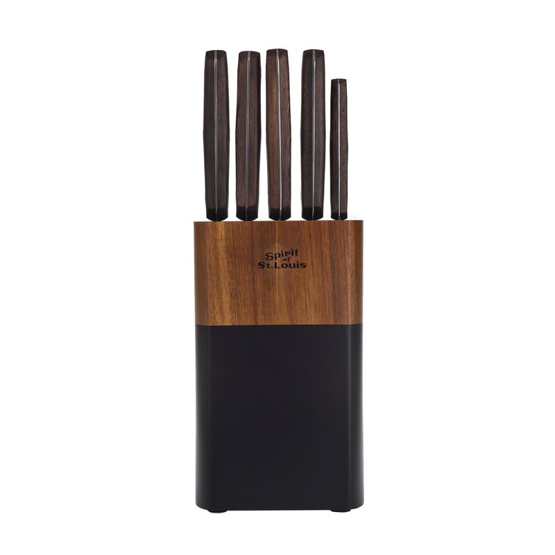 SOSL, Set de 5 Pièces, Ensemble Couteaux de Cuisine, Set Acier Inoxydable, Titane, avec Bloc en Bois d'Acacia, Couteaux de Chef, Pain, Écumoire,Viande, Poisson, Lame Noire