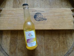 Kombucha beverage in a glass bottle with a yellow liquid. The bottle has a label with the brand name "JUN Kombucha Bio 330ml" and the text "The Champagne of kombucha".