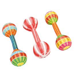  Colorful maracas with a vibrant striped pattern. These musical toys are designed for children and feature two balls attached to a handle, creating a fun and engaging sound when shaken.