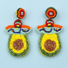  Beaded avocado earrings with orange, yellow, green colors; fruit-shaped statement jewelry with decorative beadwork design.