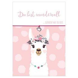 Charming llama charm bracelet with polka dot background and text "Do be so wonderful"