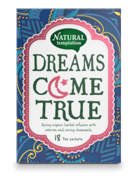 A colorful and vibrant tea box with the text "Dreams Come True" prominently displayed. The box features a whimsical, patterned design in shades of blue, green, and pink, creating a dreamlike and inspirational aesthetic.
