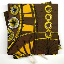  Brown and yellow handbound sketchbook with geometric floral patterns, fabric cover, blank pages journal.