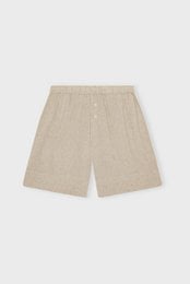 Natural linen shorts, knee-length, relaxed fit, lightweight summer style, neutral beige color.