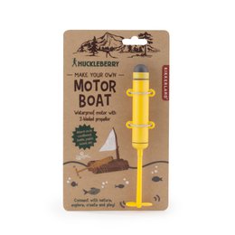 A wooden motor boat kit with a yellow motor and propeller, designed for arts and crafts projects.