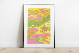 Vibrant landscape art print featuring a colorful abstract design with rolling hills, flowers, and a whimsical, retro-inspired style. Suitable for wall decor in a variety of spaces.