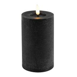 A round, tall black LED candle with a rustic finish. Measures 7.5 cm in diameter and 12.5 cm in height.