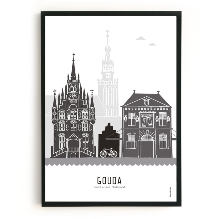 Poster skyline Gouda zwart-wit-grijs