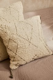 Square stone beige cotton cushion cover with ethnic geometric motif pattern texture