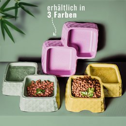  Bamboo pet food bowls in various colors including lilac, yellow, and mint green. The bowls feature a double-bowl design and are suitable for both cats and dogs.