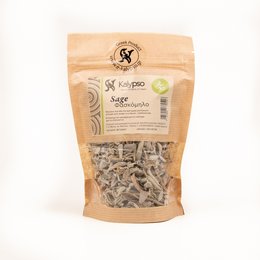 A package of dried Greek sage seasoning. The sage leaves are green and appear fresh, with a natural, earthy appearance. The packaging is a resealable pouch made of kraft paper, with a label displaying the product name and brand logo.