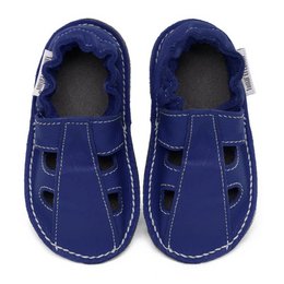  Navy blue leather slippers with a casual, open-toe design. Suitable for summer wear.