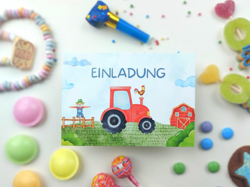 Traktor Einladungskarten - Bauernhof Einladungskarten Set zum Ausfüllen inkl. Umschläge - Bauernhof Kindergeburtstag - Mottoparty Trecker