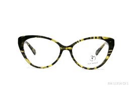 Stylish cat-eye eyeglasses with a tortoiseshell pattern in shades of green, yellow, and black. Features a bold, feminine frame shape.