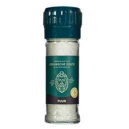 A white salt grinder with a green label that says "Zeeuwsche Zoute Zoutmolen Pure". The grinder appears to be made of glass and has a twist-top mechanism for grinding the salt.