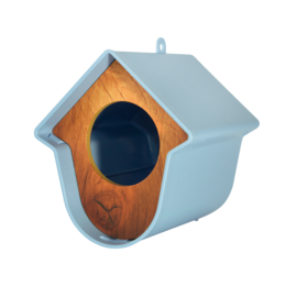 Plastic bird feeder in a modern, minimalist design with a wooden accent. Available in grey, white, and blue color options.