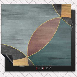  Induction cooktop protector with overlapping circles, geometric abstract design, teal blue burgundy gold black colors, modern minimalist style.