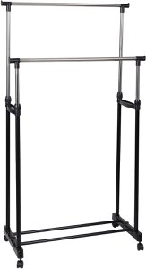 Kleidungsständer auf Rädern - 2 Stangen - Metall & Plastik - Mobile Kleidungsständer für zusätzlichen Speicherplatz - Schwarz