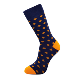 Navy blue bamboo socks with orange diamond pattern. Suitable for EU sizes 42-46 or UK sizes 8-12.