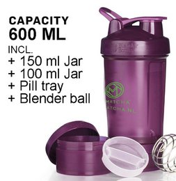 The Mr.MATCHA Blender Bottle is a 600 ml leak-proof shaker and shake cup that includes a 150 ml jar, a 100 ml jar, a pill tray, and a blender ball. It is made of durable materials and is suitable for mixing protein shakes, smoothies, and other beverages.