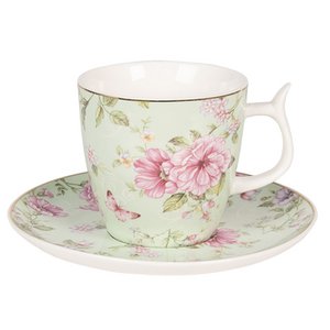 Tasse und Untertasse 160 ml grün rosa Porzellanblumenservice