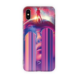 Vibrant, colorful iPhone cover with abstract design featuring a silhouetted figure against a dramatic sky.