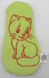 Soft, plush green hot water bottle in the shape of a cute cat. Features a red embroidered cat design.