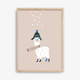 Llama with scarf animal kids poster, eco paper and packaging. Colorful abstract llama illustration with scarf, on a beige background with white dots.