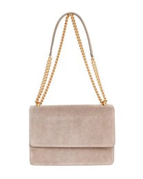 Taupe shoulder bag with gold chain strap.